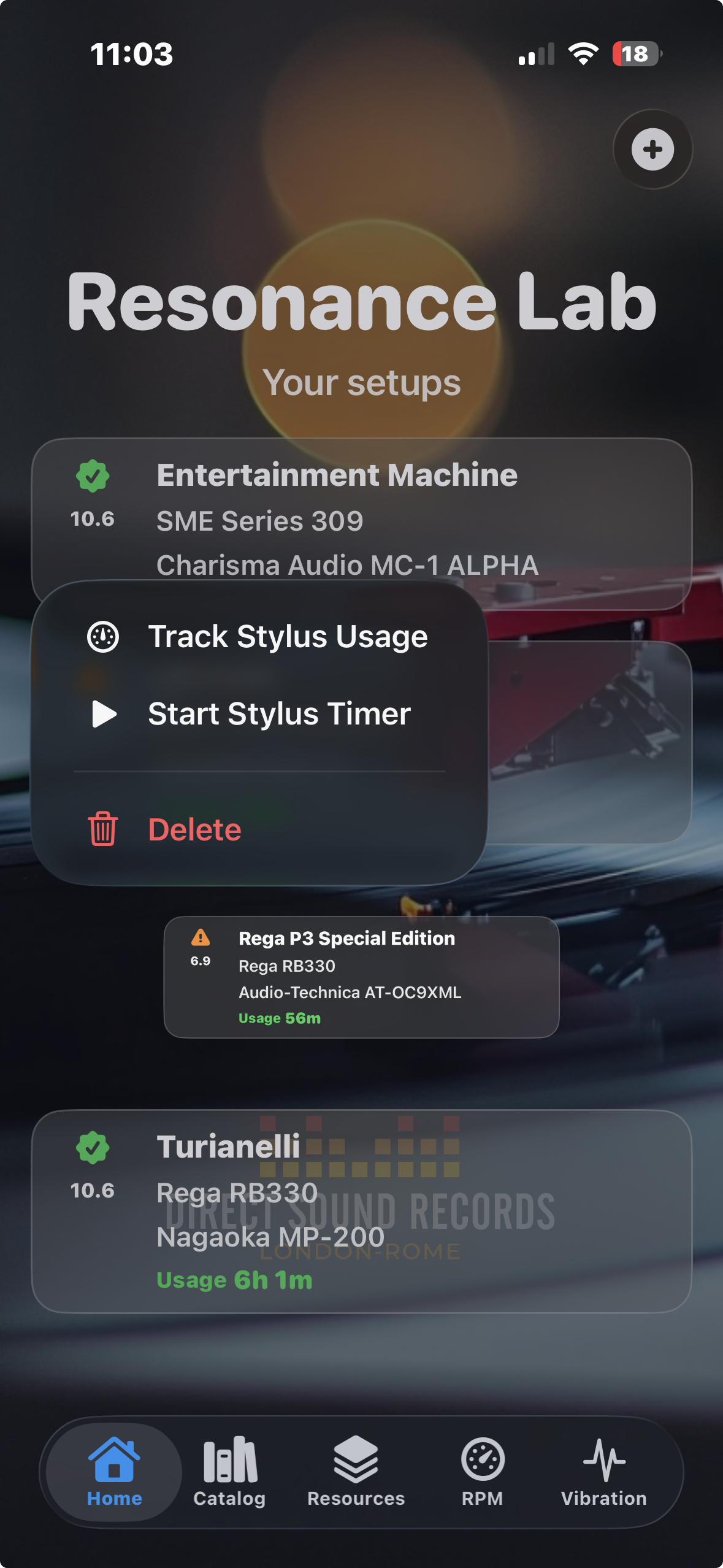 Resonance Lab stylus usage tracking on saved setups