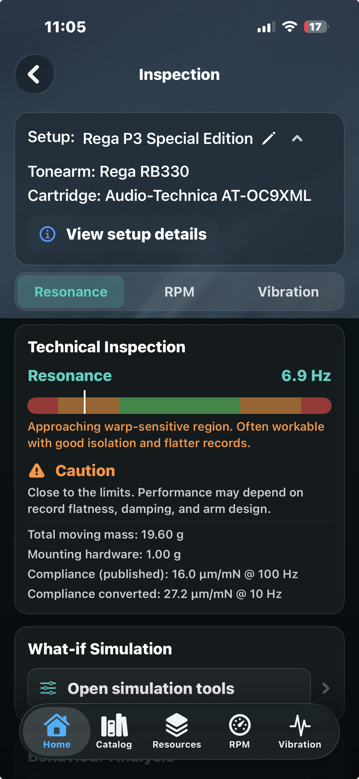Resonance Lab setup Inspection view showing Resonance, RPM and Vibration