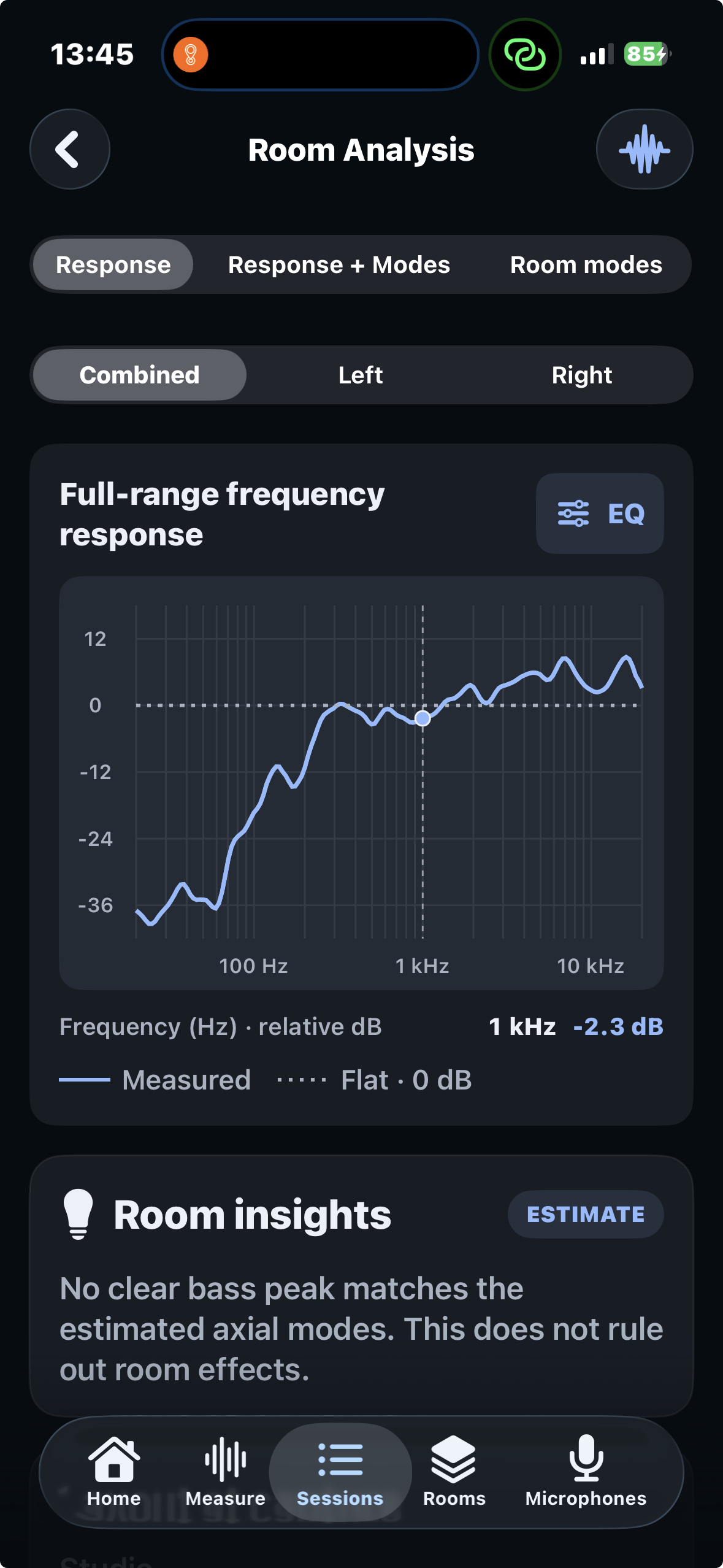 Room Reference frequency response analysis on iPhone